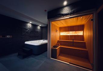 MOZAIK Apartments & Spa - Modern Apartments with Exclusive Spa Wellness in the City Center, Free Parking, Wi-FI, Sauna, Jacuzzi, Salt Wall has rooms with a private hot tub