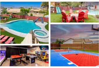 Pool-SPA-Slide-Karaoke-Arcade-FULL Basketball-Pickleball Ct has rooms with a private hot tub