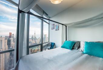 Romantic space with stunning city view has rooms with a private hot tub